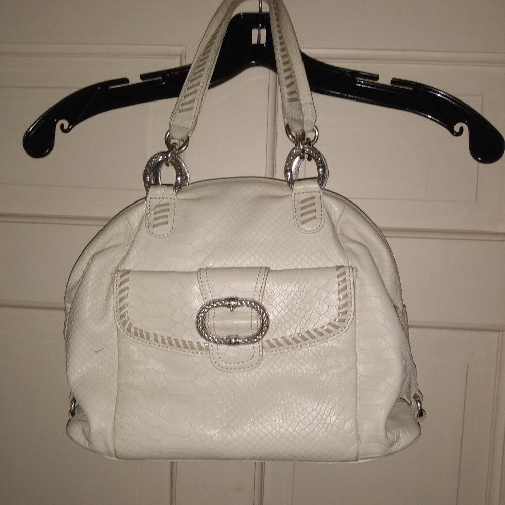 Brighton Creamy Ivory Leather bag, Tiger stripe lining, 2 outer pockets
